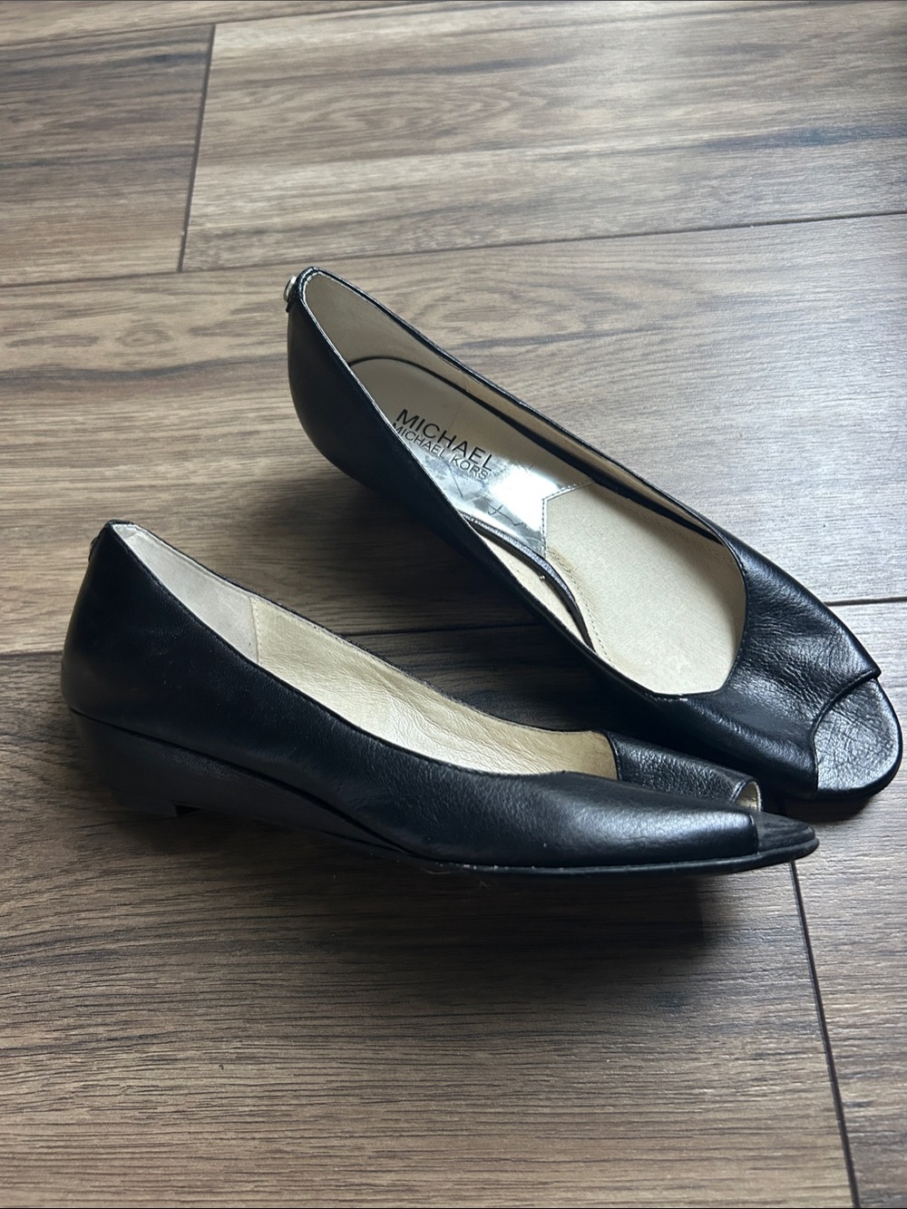MICHAEL Michael Kors Black Leather Peep-Toe Flats with Low Wedge